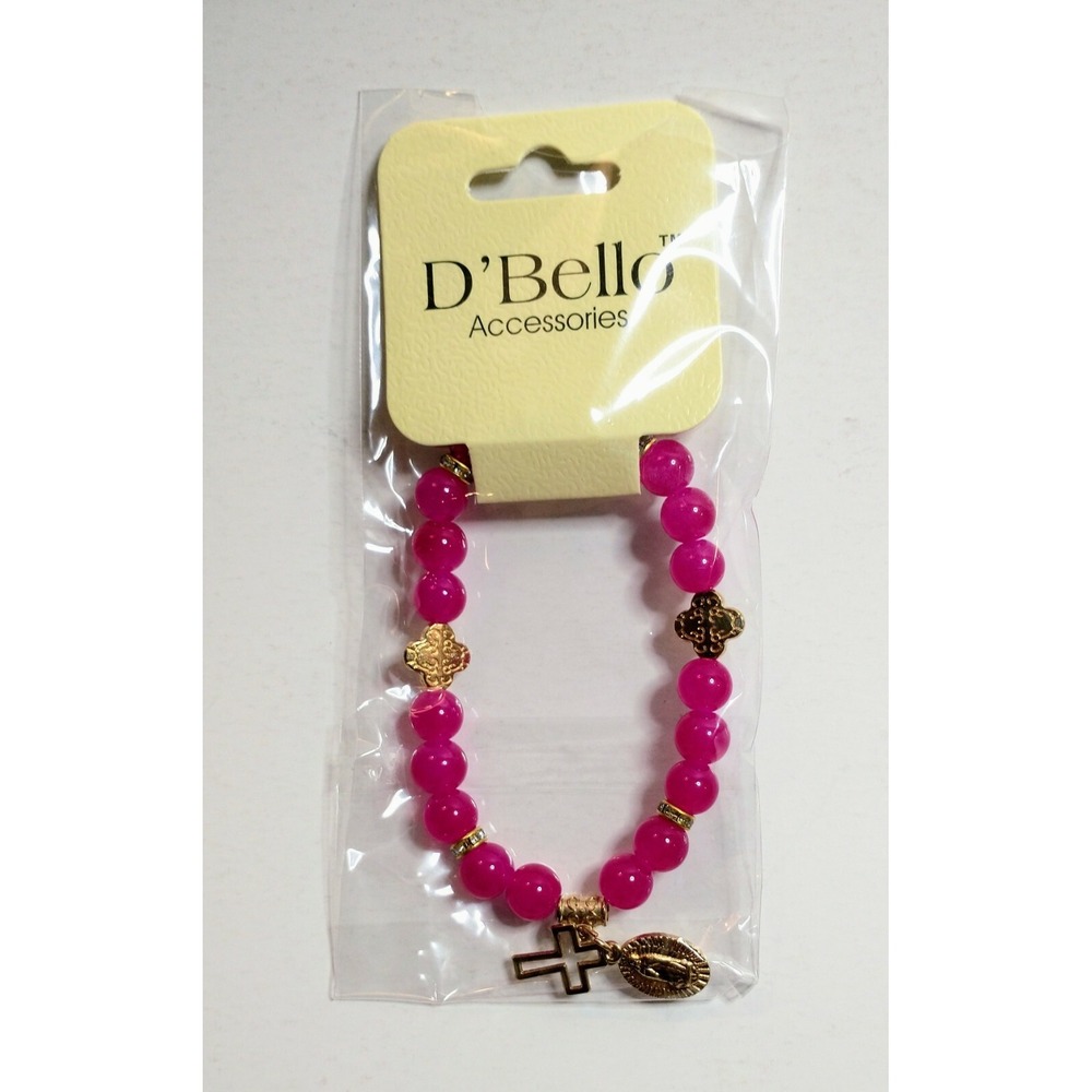 D'Bello Accessories Religious Cross Saint Beaded Charm Bracelet Pink Gold New